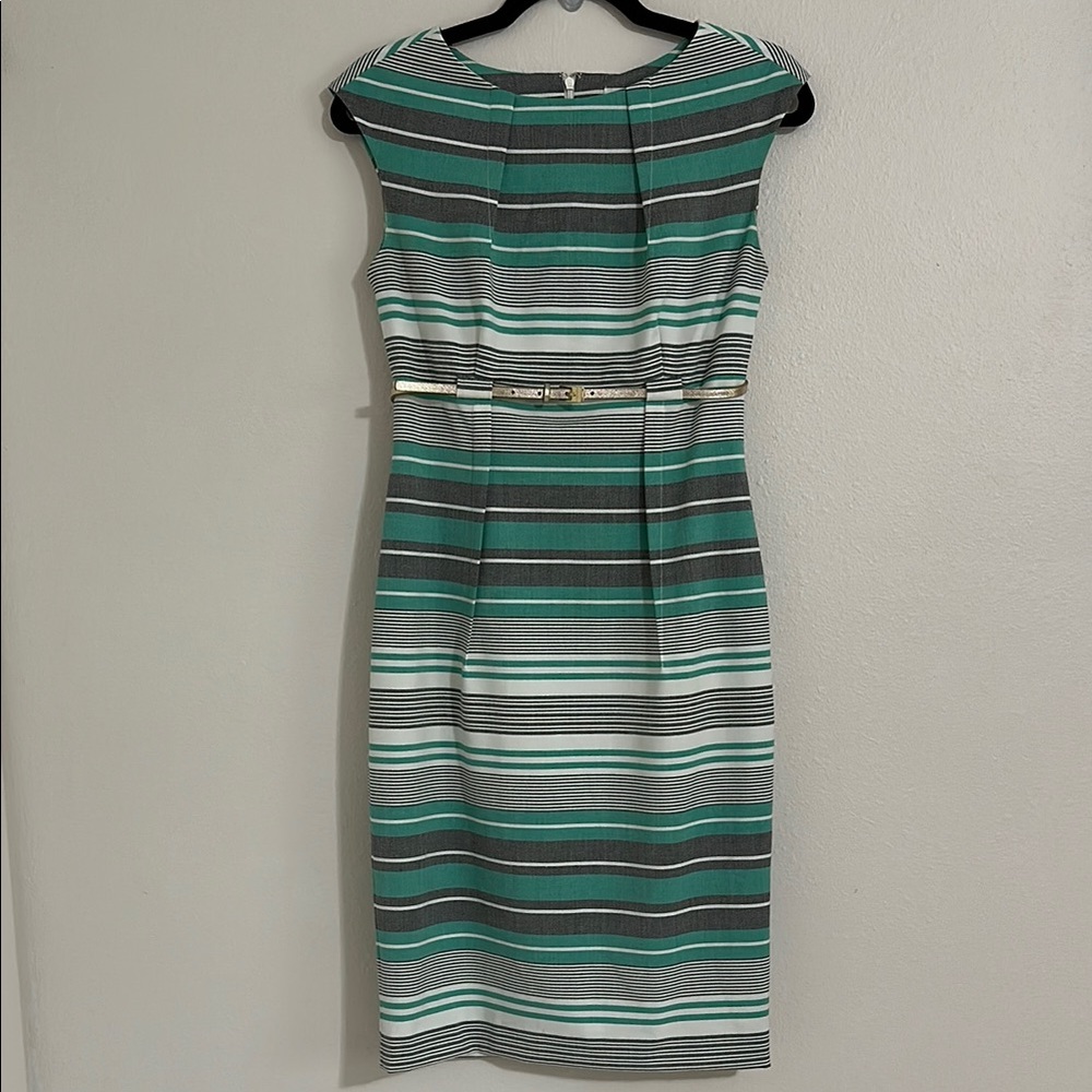 Calvin Klein Striped Sleeveless Sheath Dress with Metallic Belt